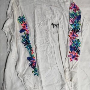PINK VS White Long Sleeve Shirt with Floral Sequin Bling